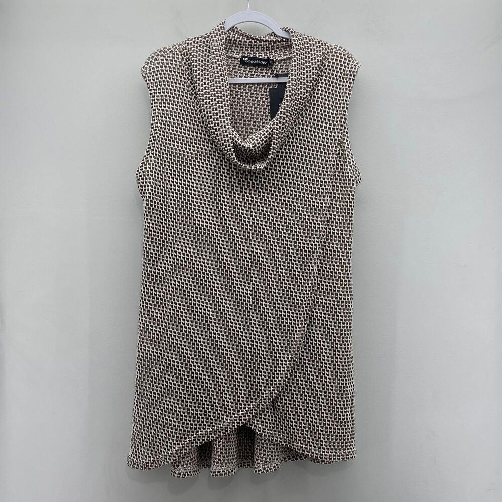 Creation Sleeveless Wrap Tunic Top Womens XL‎ Brown White Crochet Cowl Neck